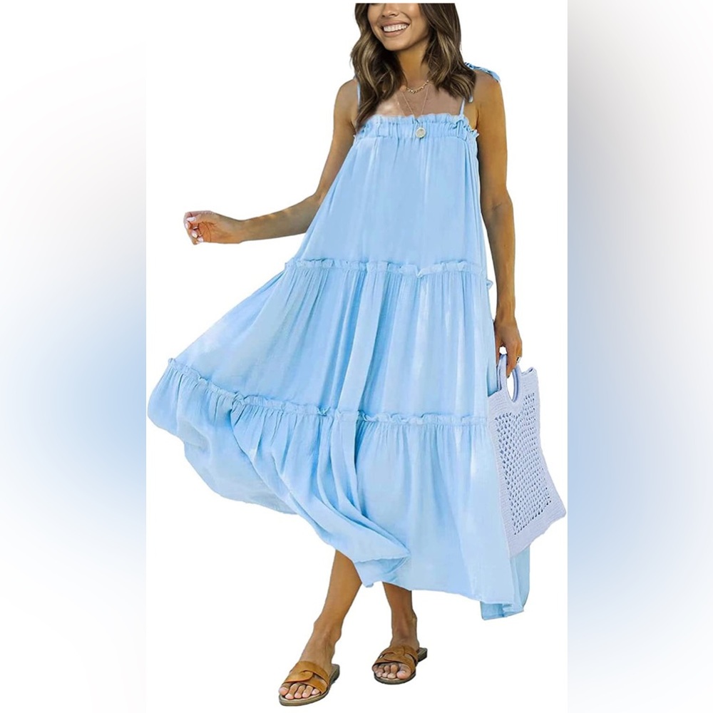 Maxi Dresses Sleeveless Spaghetti Strap Casual Tiered Ruffle Cami Med